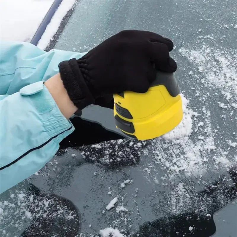 Yellow cordless electric ice scraper with USB charging cable for car window de-icing