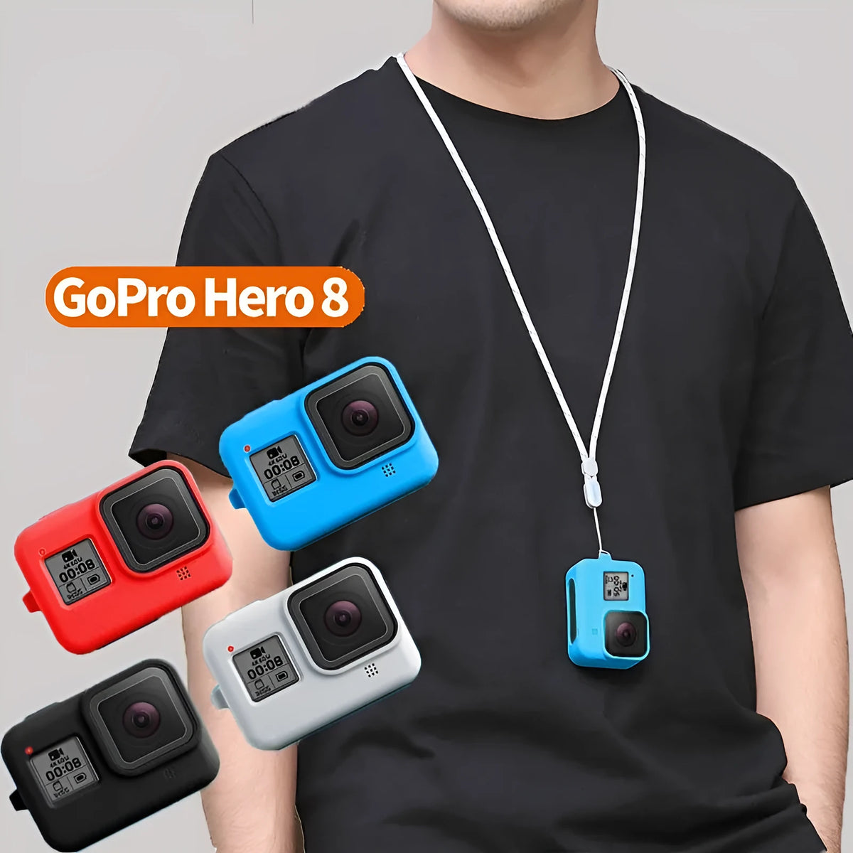 Blue silicone protective sleeve and strap for GoPro Hero8 Black camera