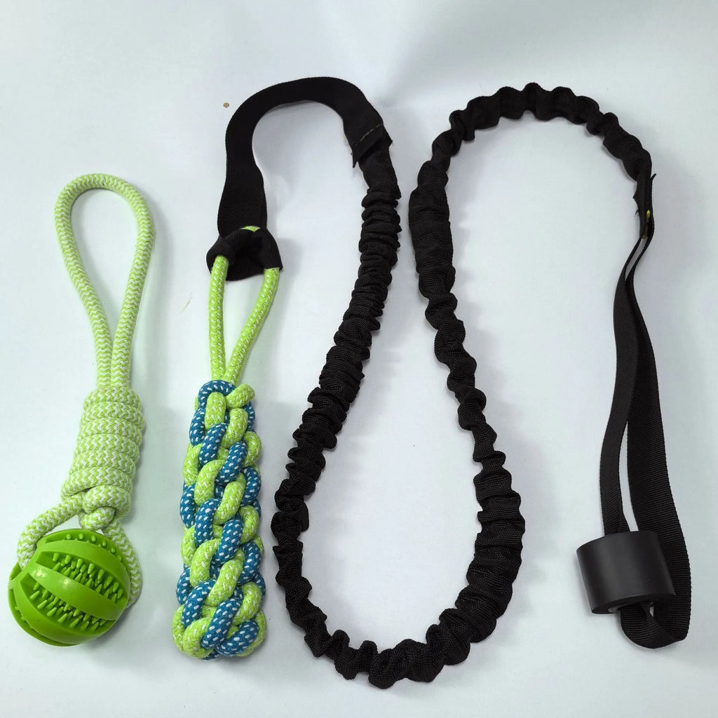 Green cotton dog tug-of-war rope toy with corncob or teether ball design for indoor outdoor play