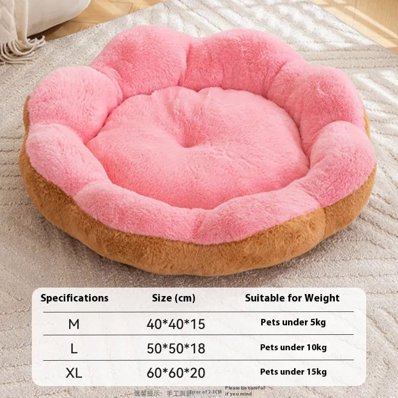 Round rabbit plush cat bed with thick material and detachable washable cover in brown grey colour