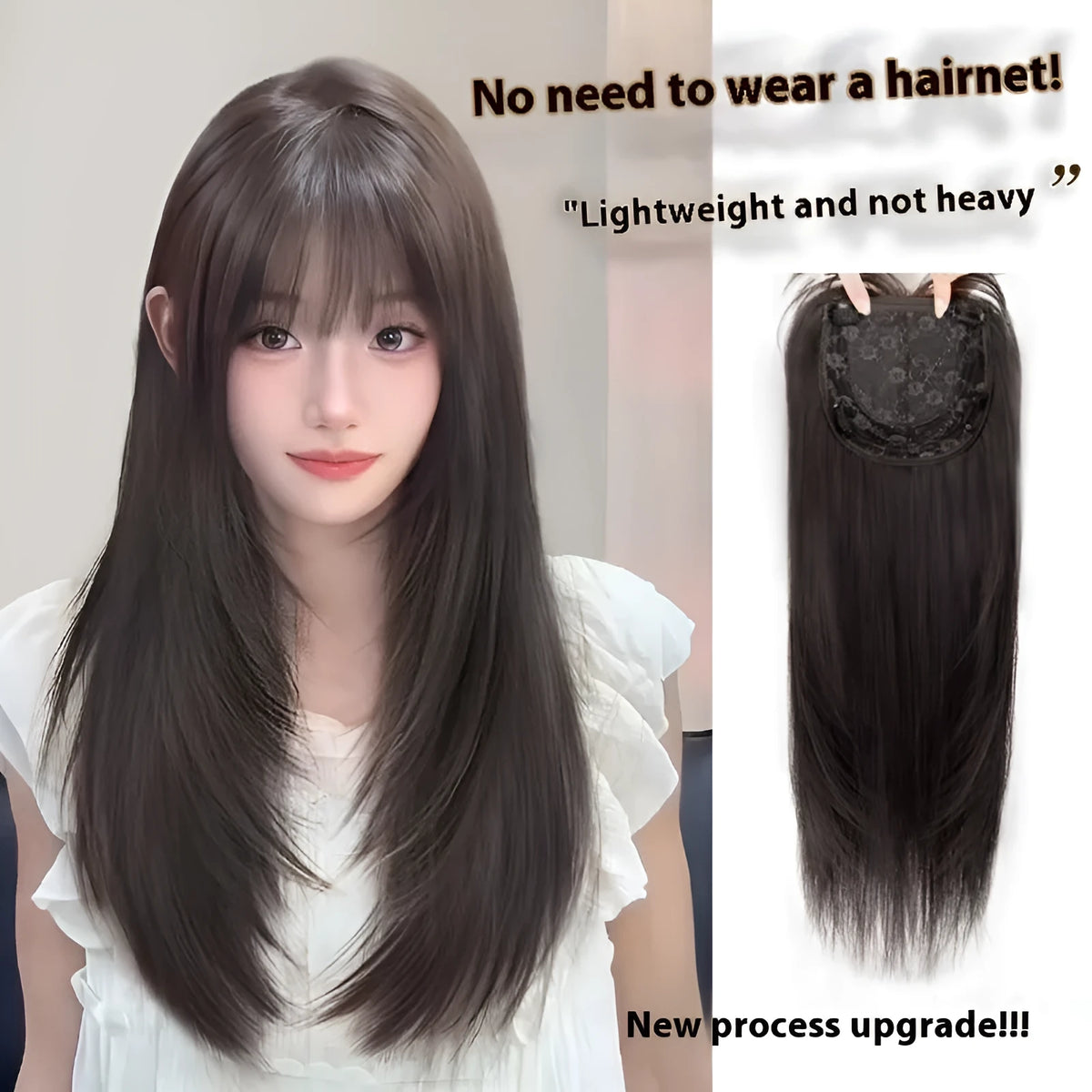 Black long straight high-layered full-head wig on a wear-free hair net base.