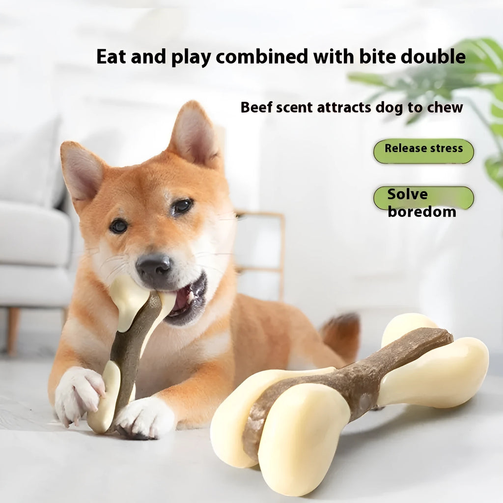 Bone-shaped dog chew toy with cowhide exterior and nylon core in two size options