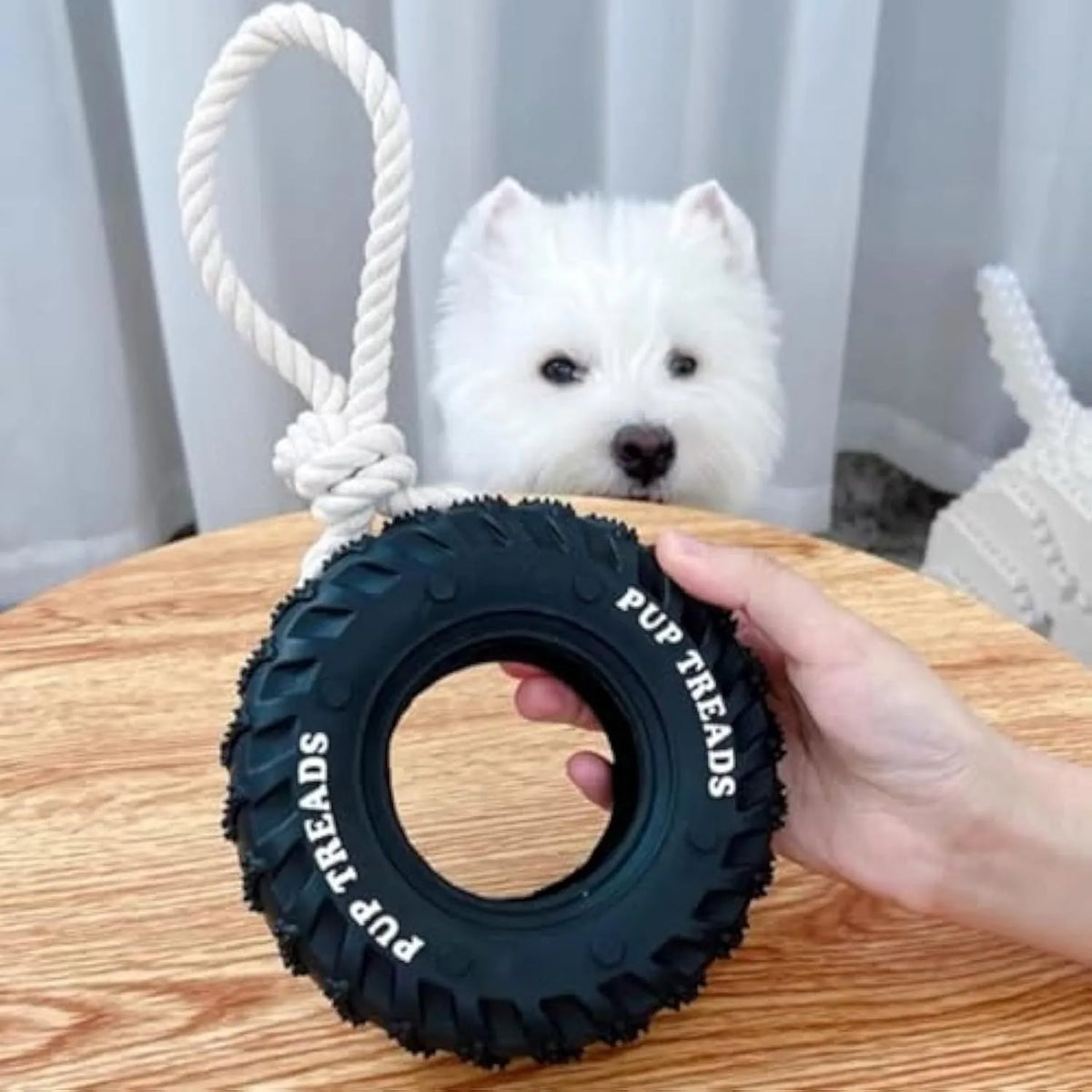 Natural rubber tyre dog chew toy with rope, 35cm, for aggressive chewers, in Black or Blue