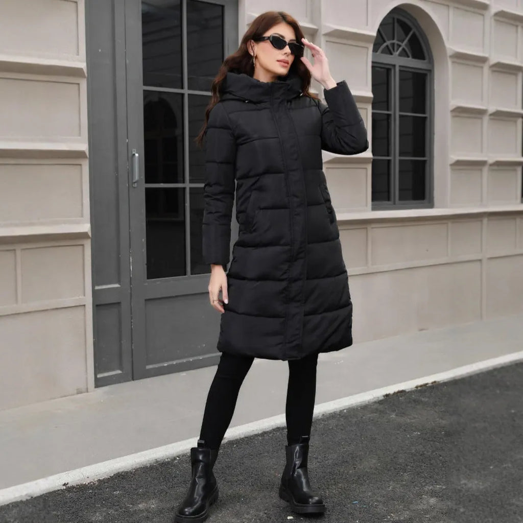 Black hooded slim fit jacket with long sleeves and cold-resistant thickened design