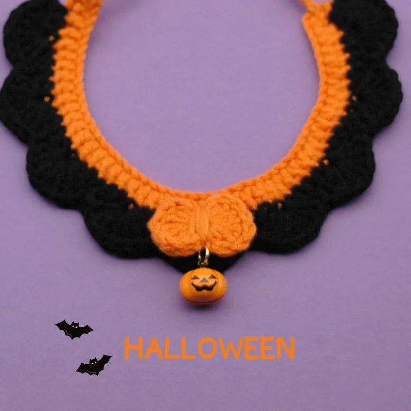 Handmade wool crocheted Halloween pet collar for cats and dogs with adjustable sizing