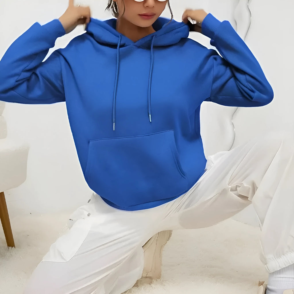 Women's loose fit long sleeve sweatshirt with drawstring and front pocket in multiple colour options