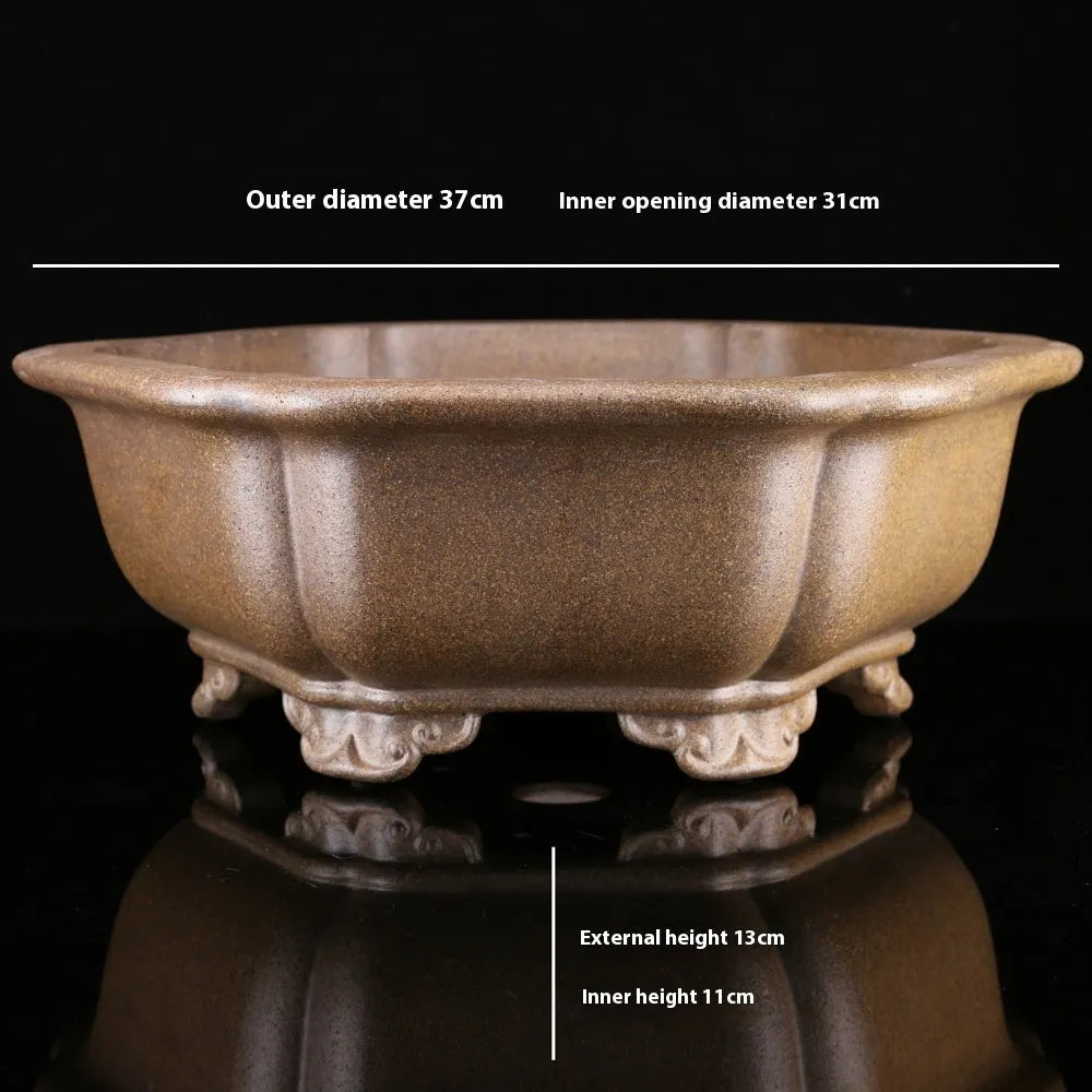 Large handmade purple sand bonsai pot in hexagonal or begonia shape for pine trees.