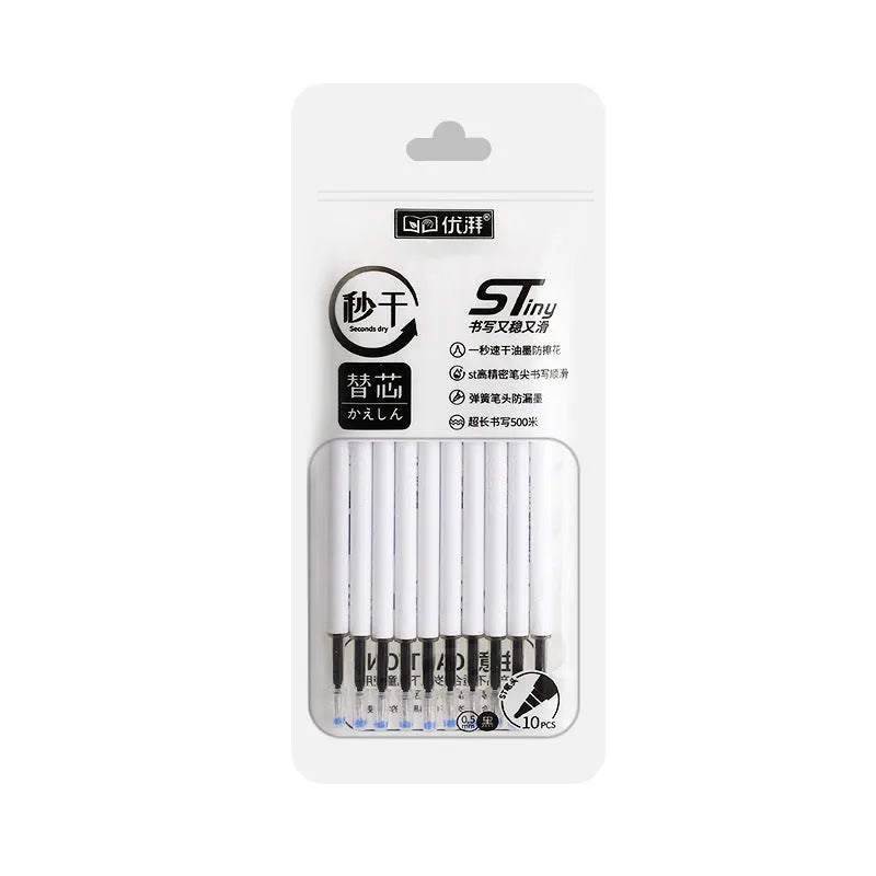 Pack of ten quick-drying gel pen refills in black, red, blue, and ink blue colours.