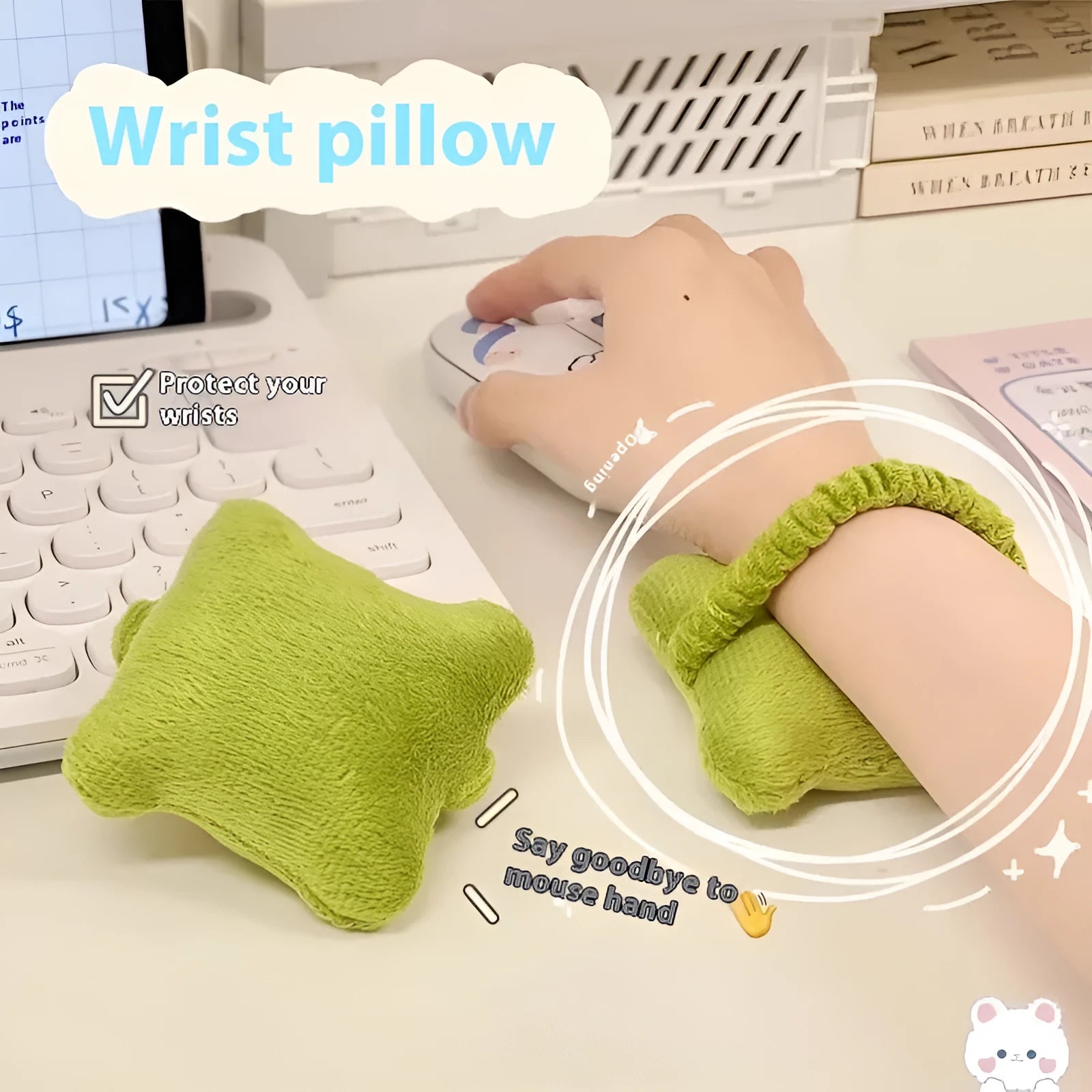 Plush wrist protector mouse pad in blue colour on computer desk with keyboard