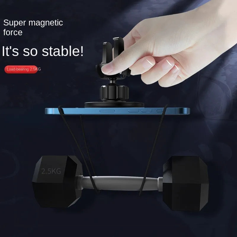 Black aluminium alloy magnetic car phone holder mounted on air vent, holding smartphone