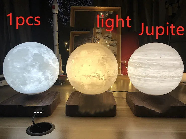 Magnetic levitation 3D moon night light, 14cm diameter, floating above a wooden base with touch switch.