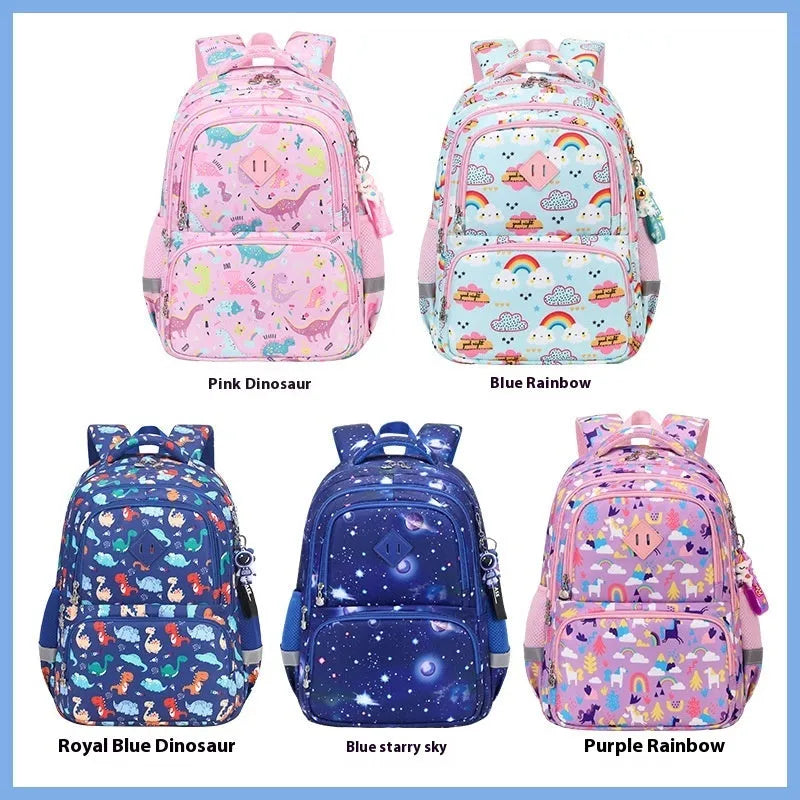Blue children's dinosaur design school backpack with curved straps on a neutral background.