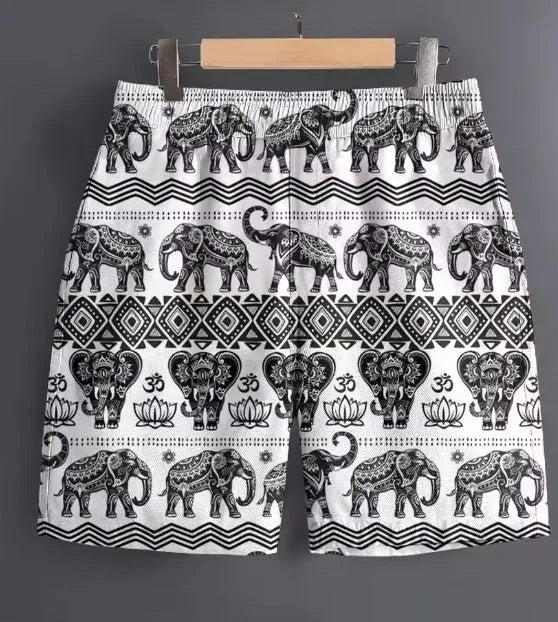 Men's casual polyester shorts in striped, plaid, and camouflage patterns for outdoor sports.