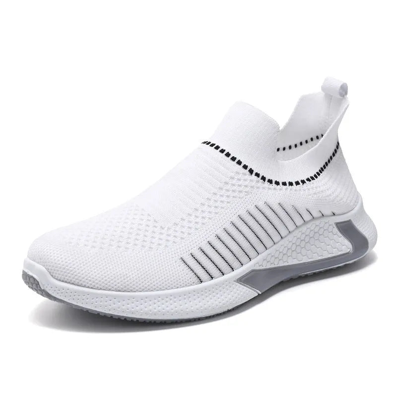 Men's black and white striped mesh slip-on sneakers with lace-up front on a white background