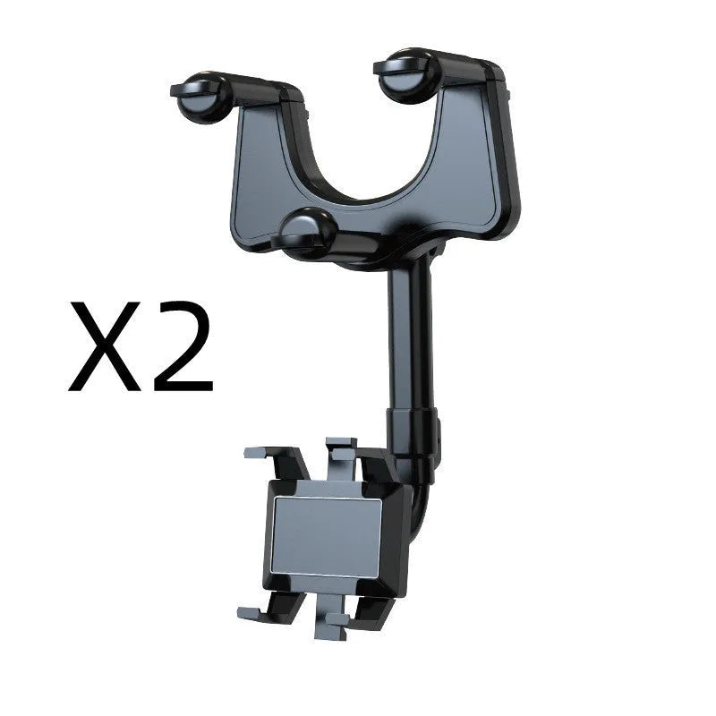 Black rearview mirror phone holder with 360-degree rotation mounted on car mirror holding mobile phone