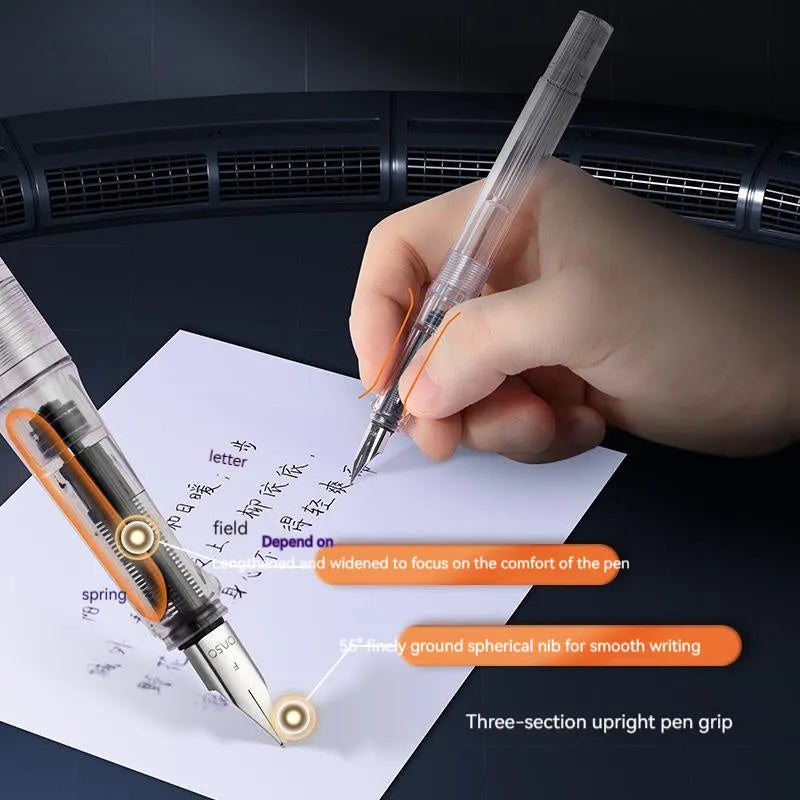 Student automatic suction pen set with 0.5mm and 0.38mm nibs, ink feeder, and handbag on a desk.