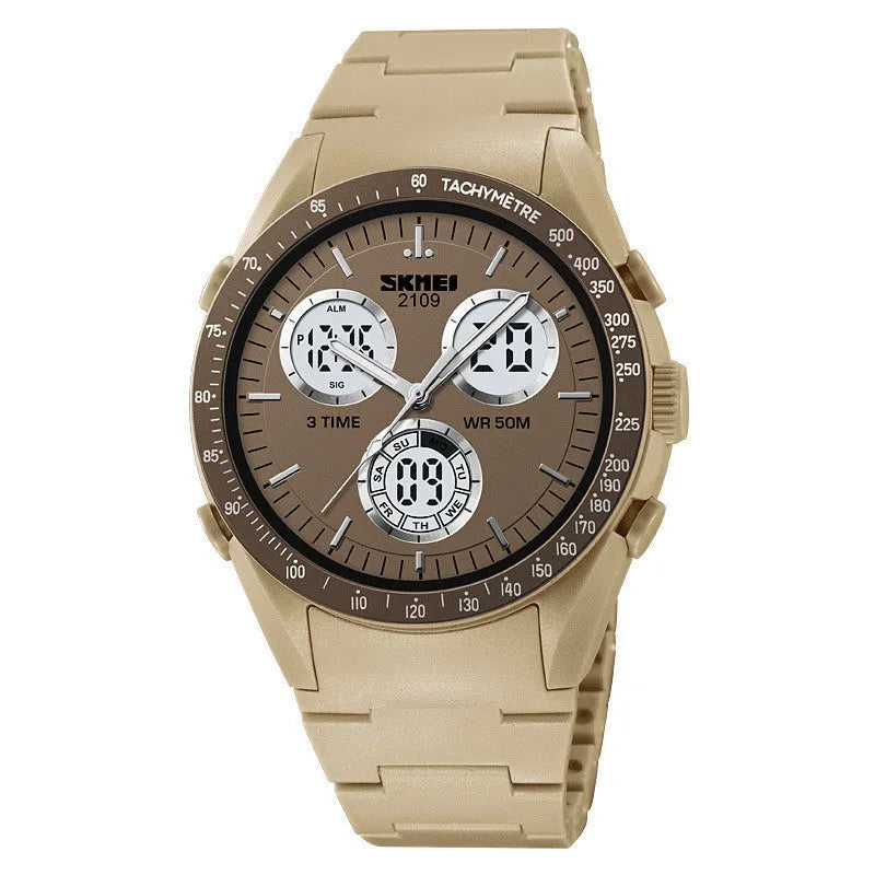 Unisex digital casual watch with camouflage strap and electronic display showing 50m water resistance.