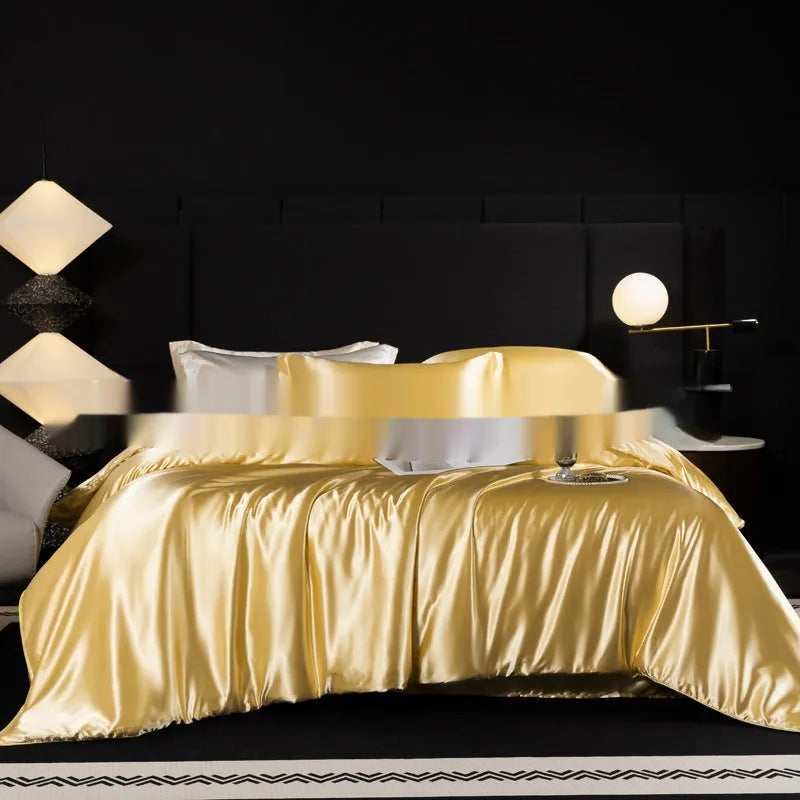 Silk bedding four-piece set in solid colour showing modern simple design with quilt cover and pillowcases