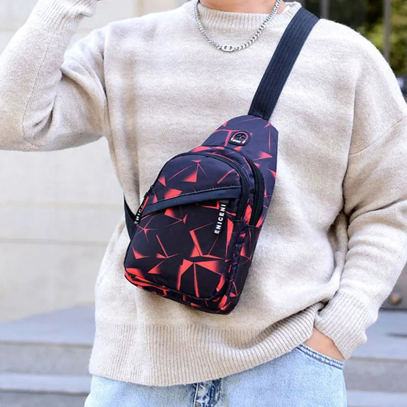 Men's crossbody sling bag with earphone hole in Oxford cloth with zip pockets
