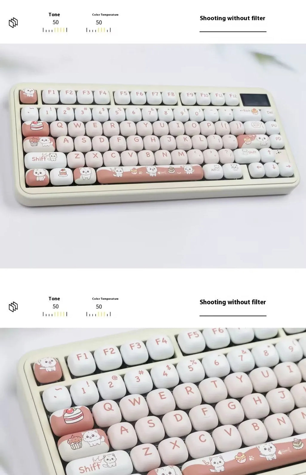 Round MOG profile mechanical keyboard keycaps featuring cute dessert cat sublimation design in boxed or bagged packaging