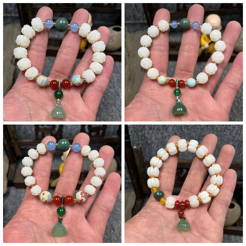 Carved bodhi root pumpkin lotus bracelet with white jade beads and mixed sizing