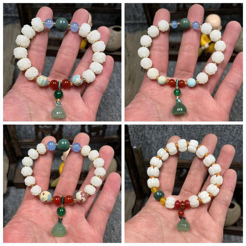 Carved bodhi root pumpkin lotus bracelet with white jade beads and mixed sizing