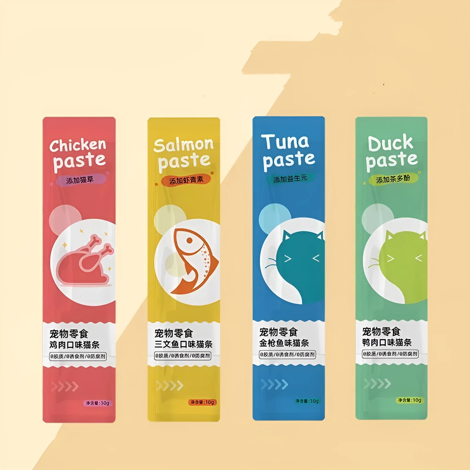 Multi-flavour cat strip snacks for kittens in 10-piece pack with four flavour options
