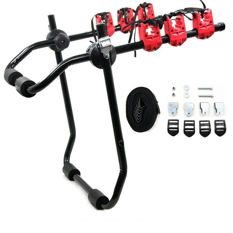 Black and red trunk mounted bike rack with protective sponge layer on car boot