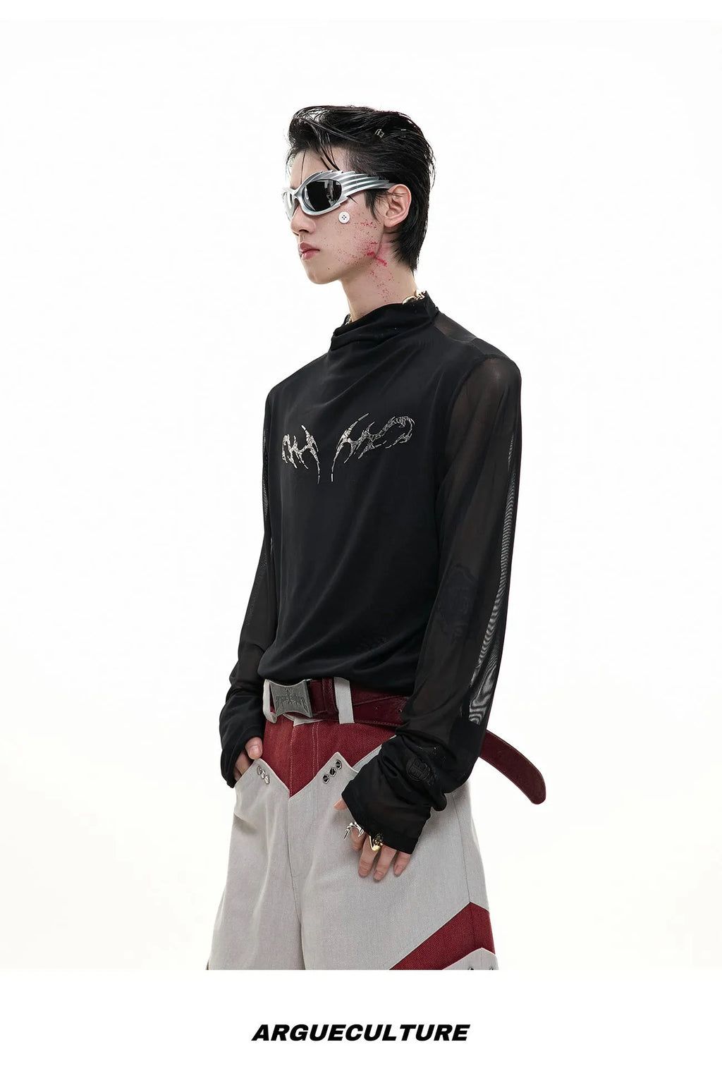 Men's black slim-fit long sleeve mesh shirt, a base layer made from polyester and spandex fabric.