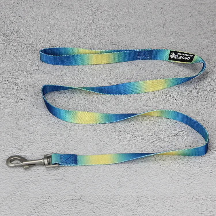 Gradient colour nylon dog lead and adjustable chest harness set for small or medium dogs.