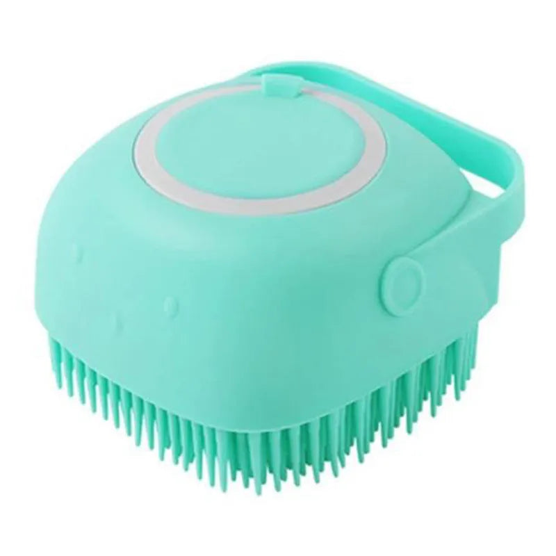 Silicone dog bath massage brush in blue, pink, and yellow colour options