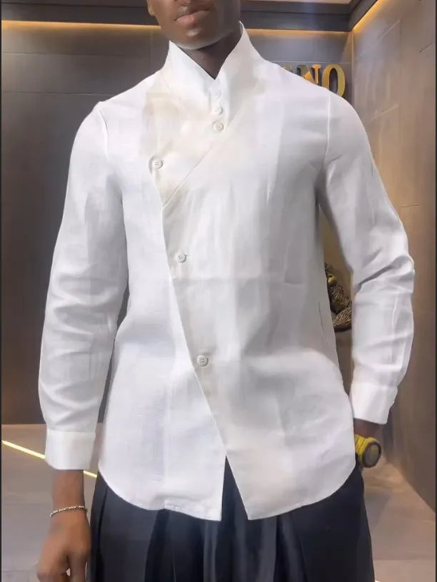 White asymmetric long sleeve shirt and black pleated trousers casual outfit set
