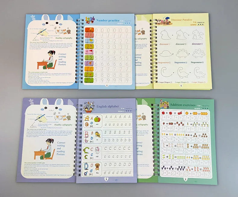 Magic calligraphy copybook set for children showing spellbooks, pens, and refills.