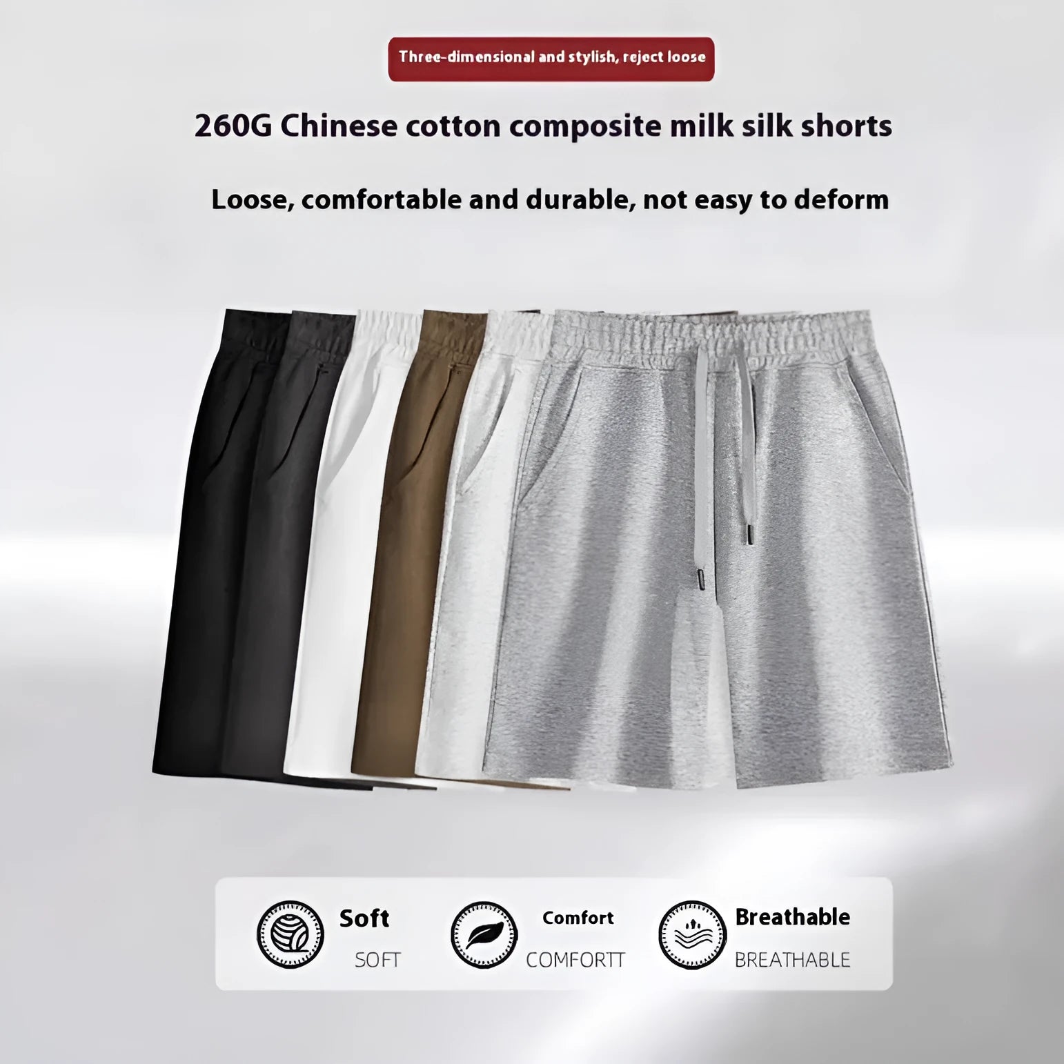 Cotton straight-leg sports shorts in light grey colour showing micro-elastic fabric and fifth pants length
