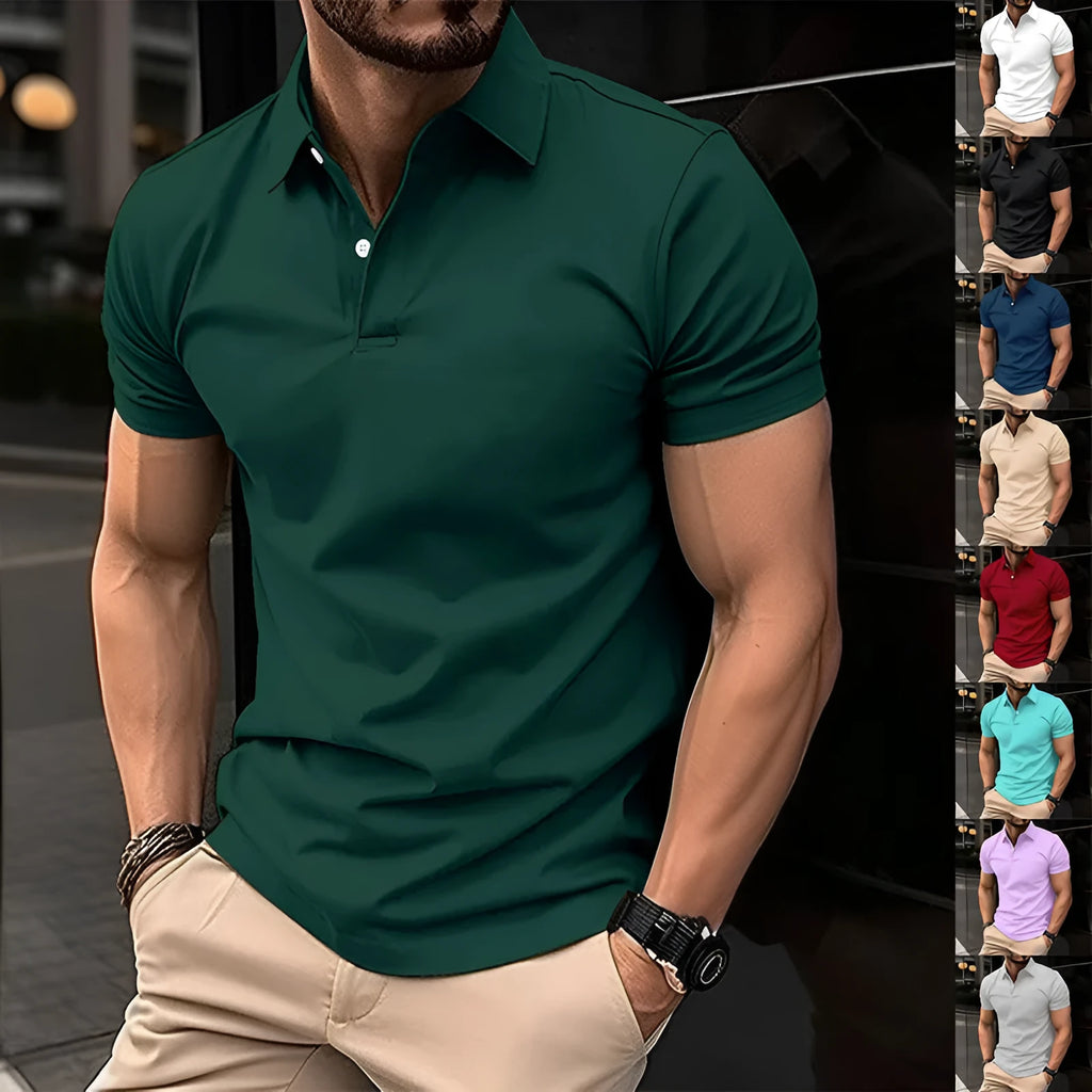Men's solid colour cotton blend polo shirt with button lapel collar and short sleeves for summer
