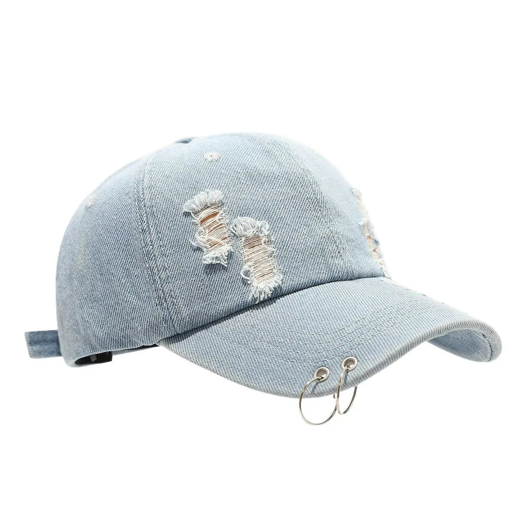 Men's adjustable black cotton denim baseball cap with a dome crown, shown on a grey background.