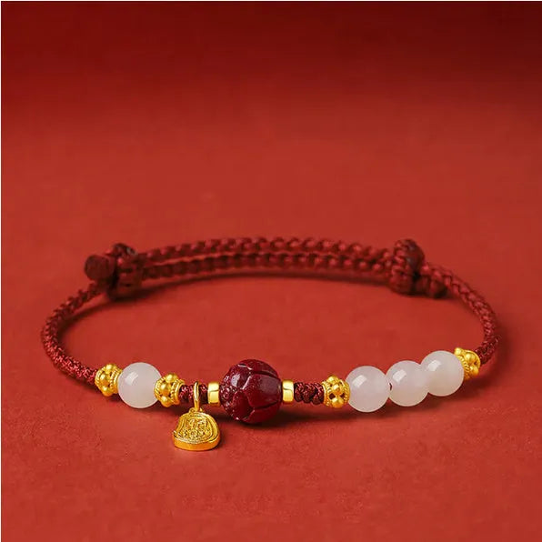 Women's adjustable bracelet with Hetian jade, cinnabar and red rope on 925 silver chain