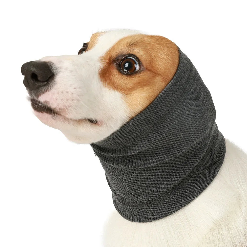 Blue and grey polyester dog headband scarf shown in small, medium, and large sizes