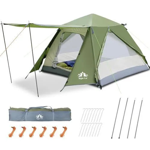 Dark green automatic pop-up camping tent for two people showing waterproof rainfly and compact folded size