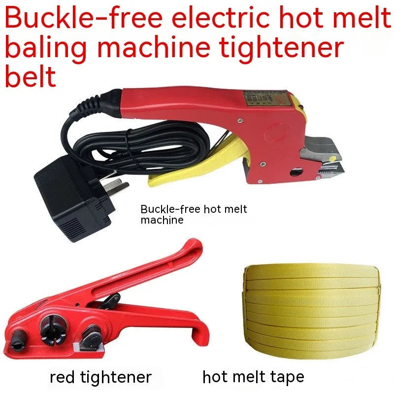Electric hot melt packing machine with plastic steel tensioner and yellow packaging tape on a work surface.