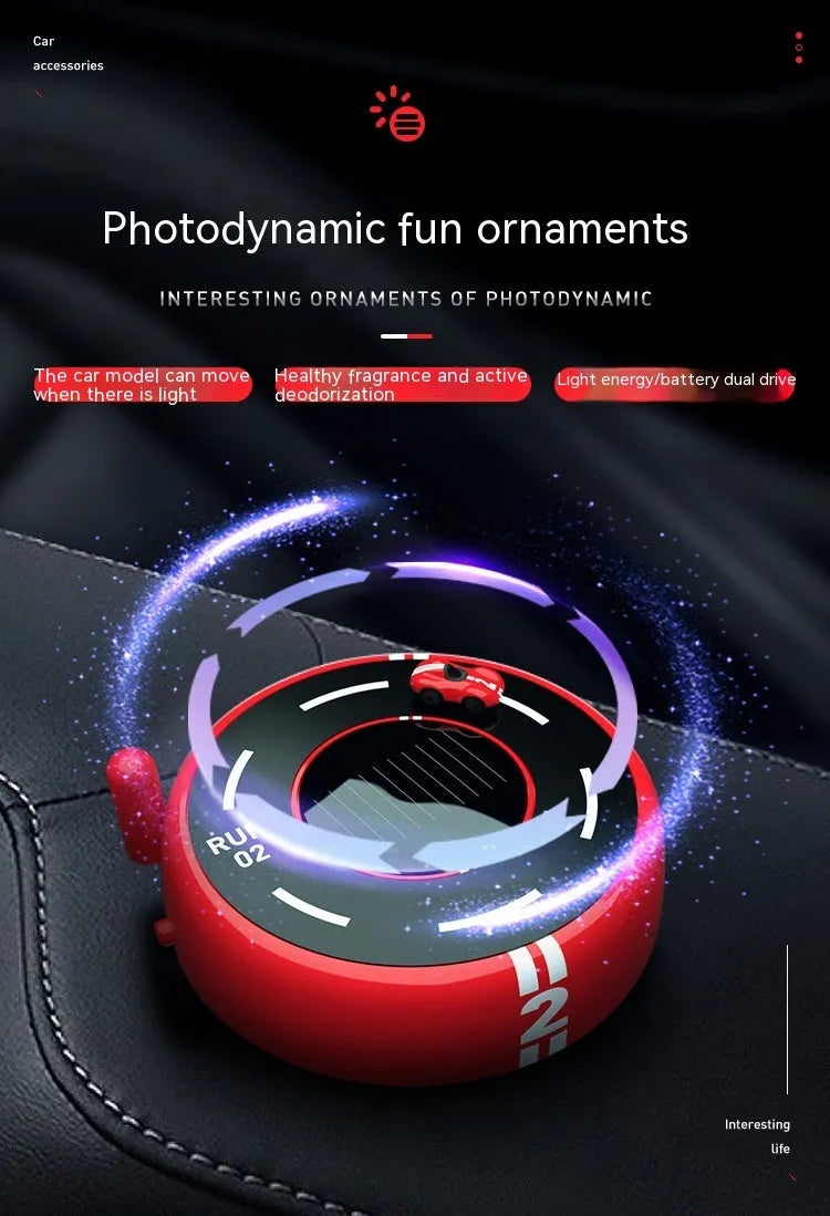 Black, red, and white round car model solar aromatherapy decoration for vehicle fragrance.