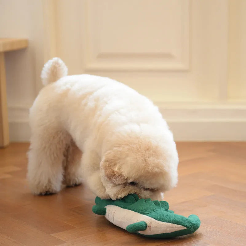 Green cotton plush dog toy measuring 35cm long by 18cm wide