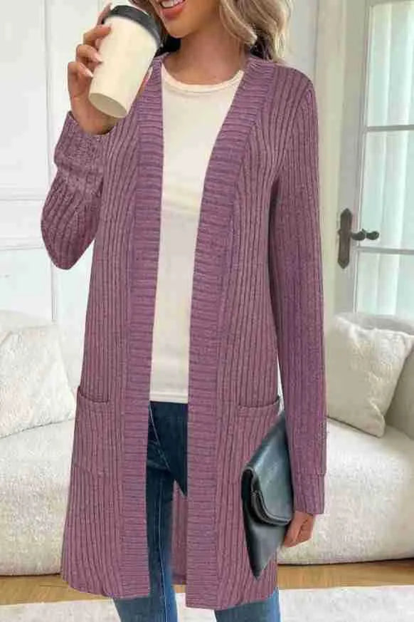 Long sleeve knitted cardigan jacket in black colour with loose pockets and regular sleeves