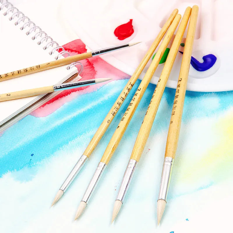 Set of six wooden hook line pen brushes with wool pointed tips for artistic detailed work