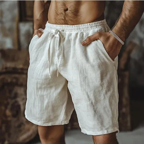 Men's straight leg casual shorts in cotton linen blend, shown in grey, with a British style fit.