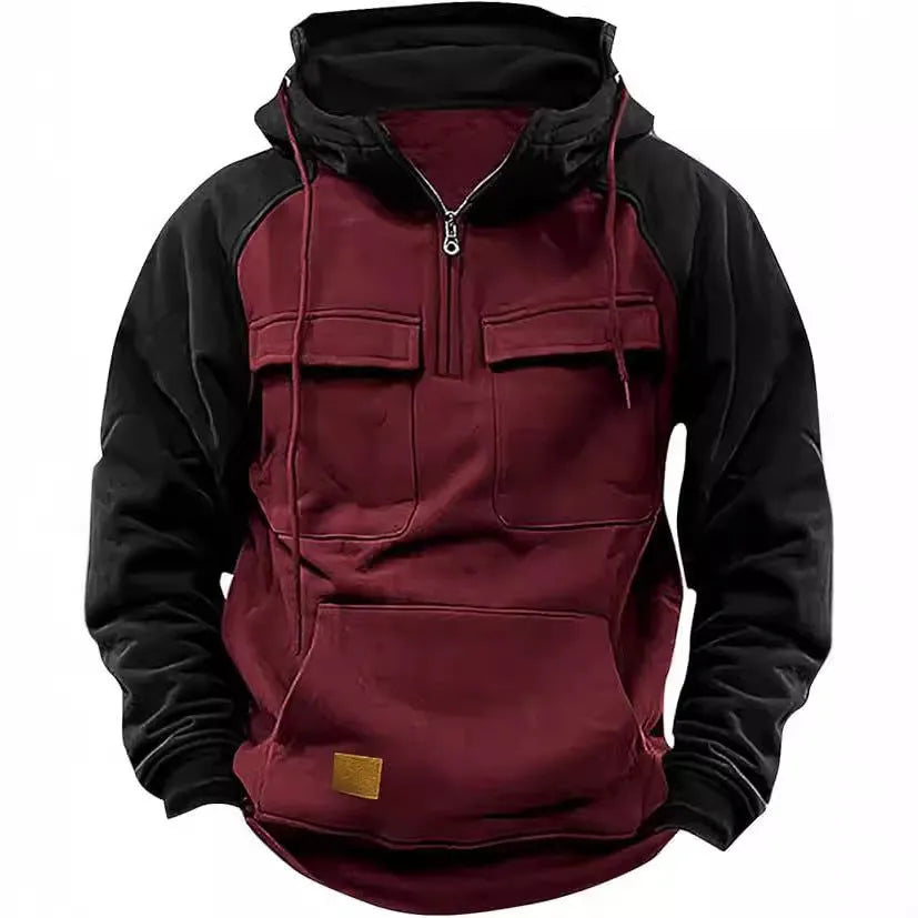 Men's retro cargo hoodie half zip fleece sweatshirt with multi pockets in solid colour