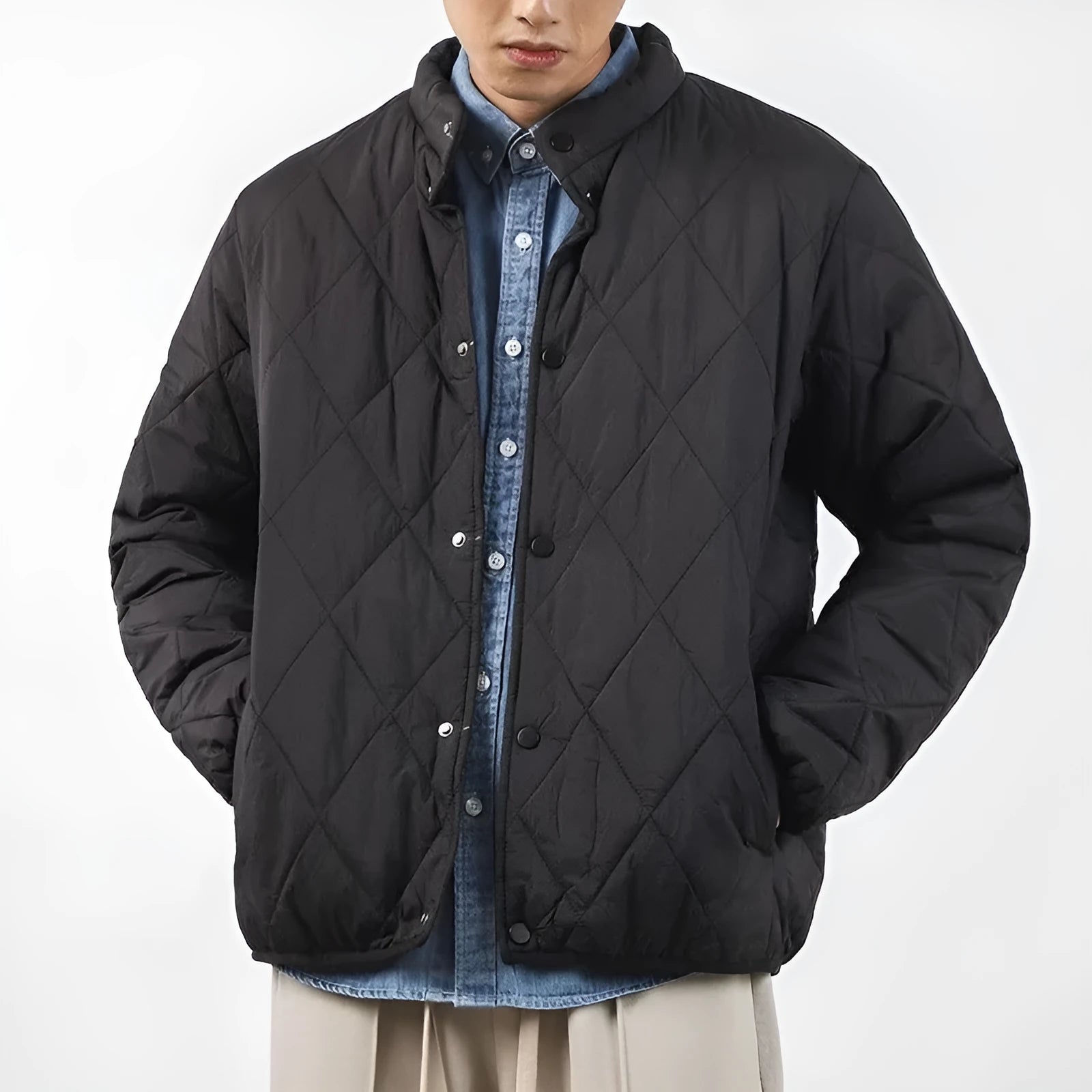 Men's black diamond lattice patterned cotton-padded winter jacket with 100cm length