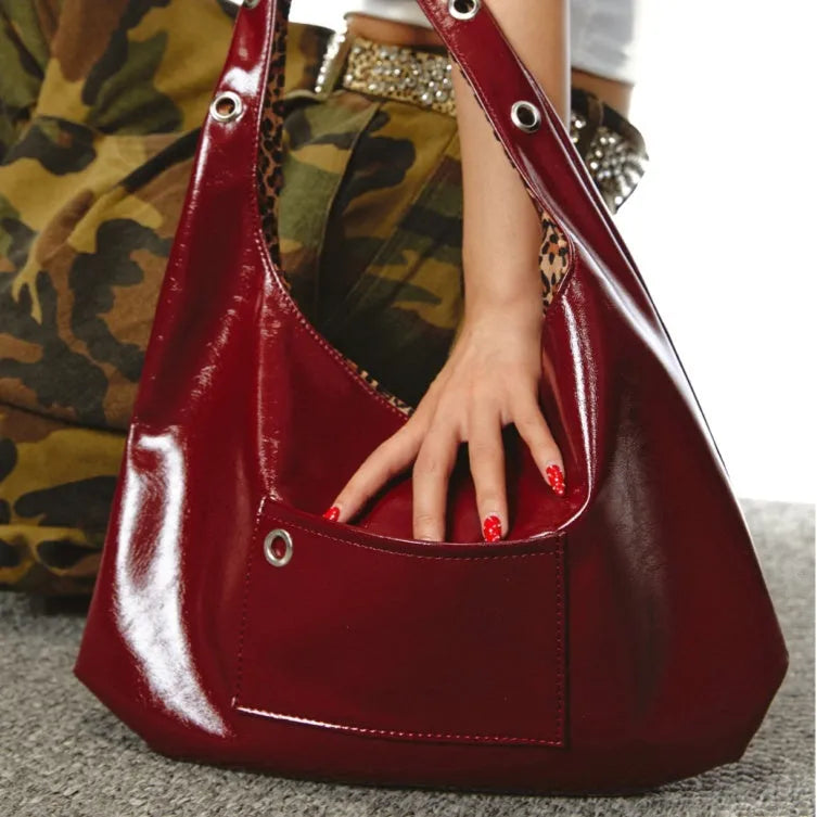 Red leopard print women's shoulder bag with dumpling shape and PU leather construction