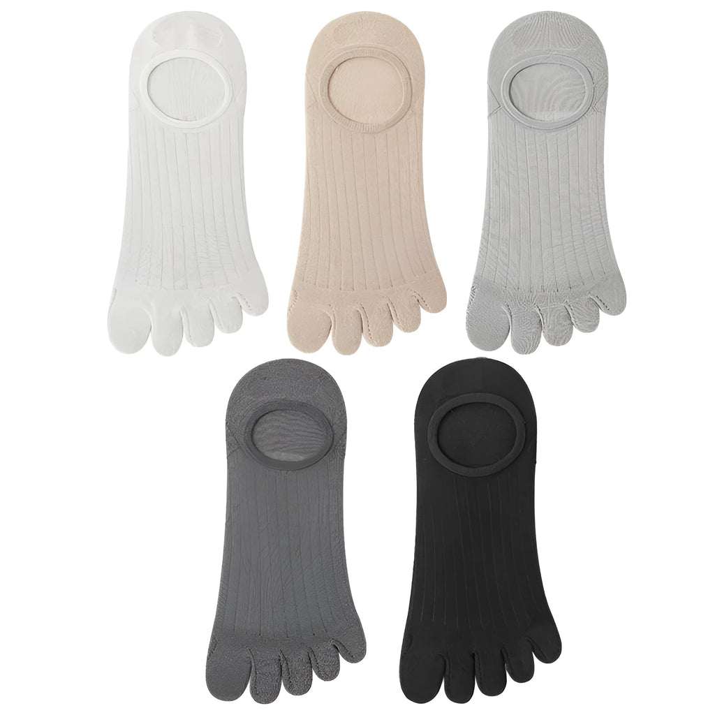 Men's five-finger invisible socks in modal fabric, shown in black, grey, khaki, and white.