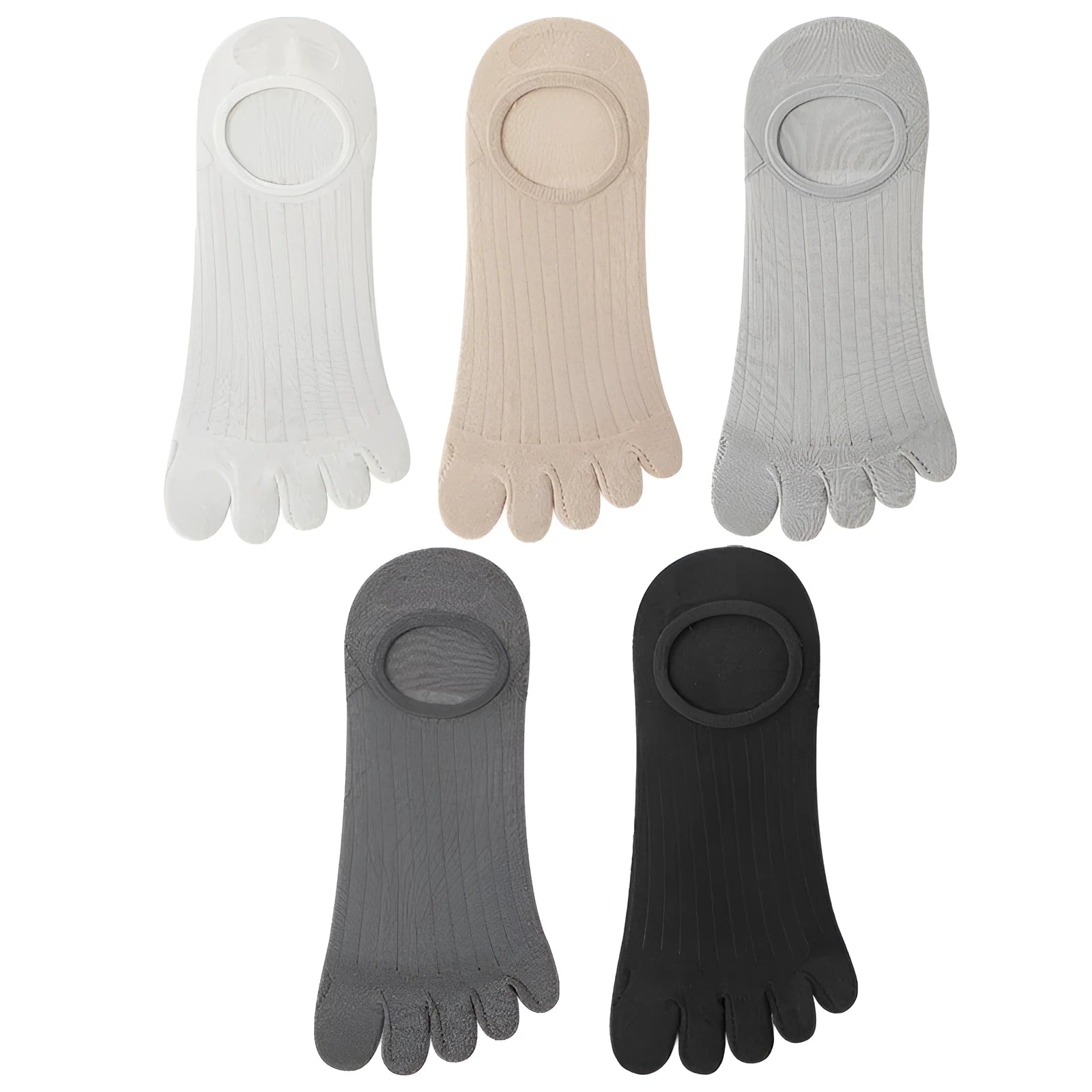 Men's five-finger invisible socks in modal fabric, shown in black, grey, khaki, and white.